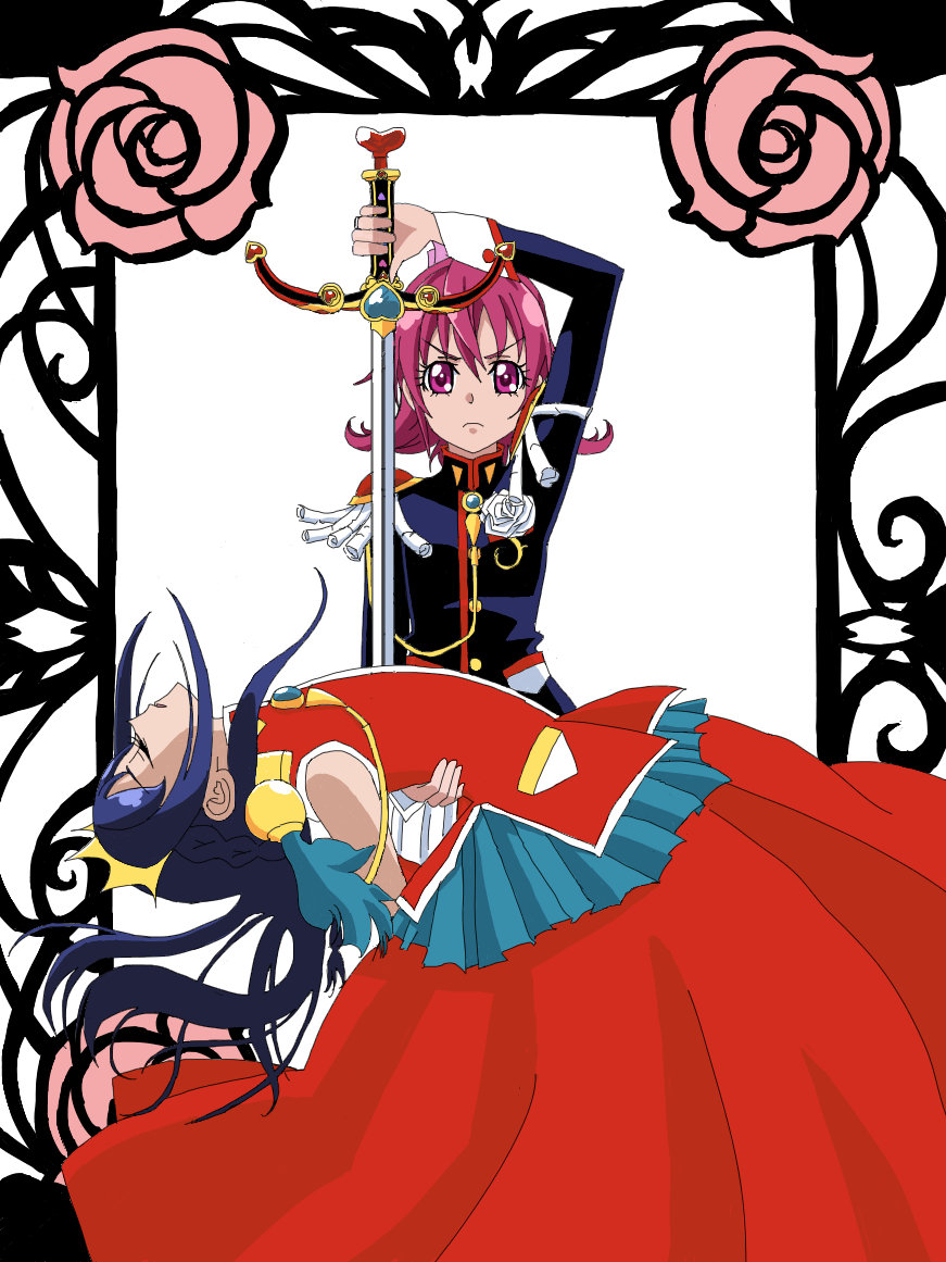 2girls, agetake, aida_mana, arched_back, blue_hair, closed_eyes, crown, dokidoki!_precure