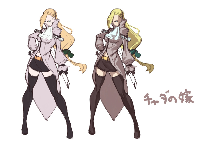 1girl, aja_salisbury, black_gloves, blonde_hair, boots, coat, concept_art, cravat, fringe, gloves, hand_on_hip, long_hair, low-tied_long_hair, miniskirt, navel, official_art, rough, skirt, socks, thigh-highs, thigh_boots, tomoyuki_kotani, yatagarasu_(game), zettai_ryouiki