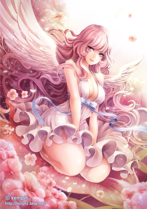 1girl, angel_wings, blue_eyes, breasts, cleavage, flower, hobak, large_breasts