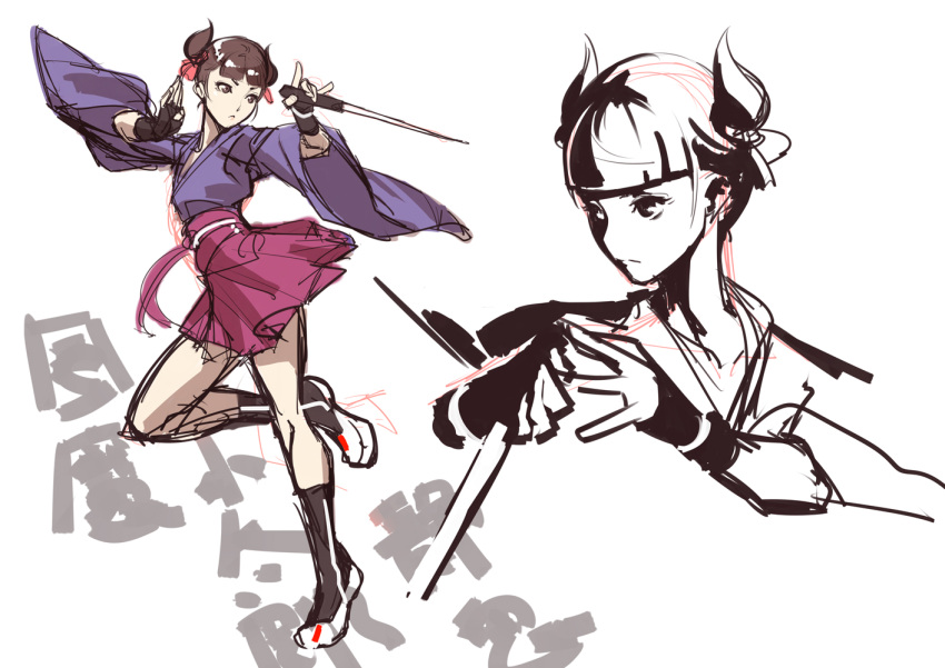 \m/, brown_hair, concept_art, fingerless_gloves, gloves, hair_ribbon, japanese_clothes, kazama_kotaro_(yatagarasu)