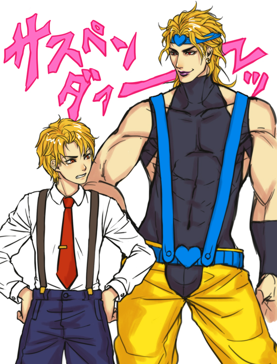 2boys, adult, blonde_hair, child, dio_brando, dual_persona, headband, heart