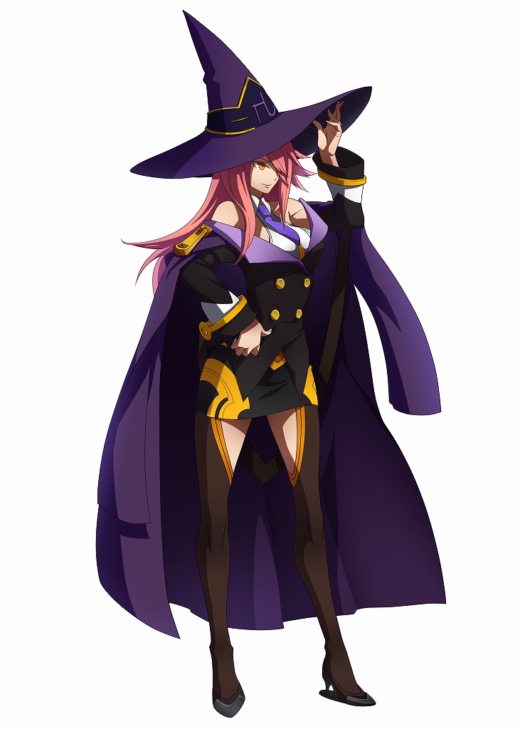 1girl, bare_shoulders, blazblue, blazblue:_chrono_phantasma, blazblue_phase_0, boots, breasts, cloak, female, hair_over_one_eye, hand_on_hip, hat, high_heels, konoe_a_mercury, large_breasts, long_hair, necktie, official_art, pink_hair, pixel_art, shoes, skirt, solo, thigh-highs, thigh_boots, white_background, witch_hat, yellow_eyes