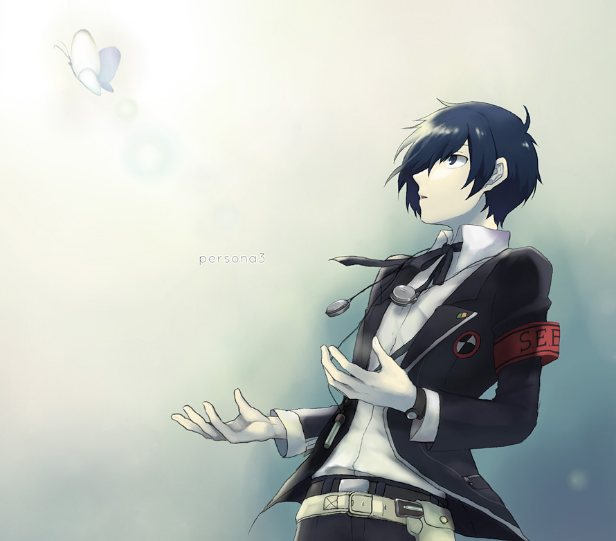 armband, bad_id, belt, blue_eyes, blue_hair, bowtie, butterfly, hands