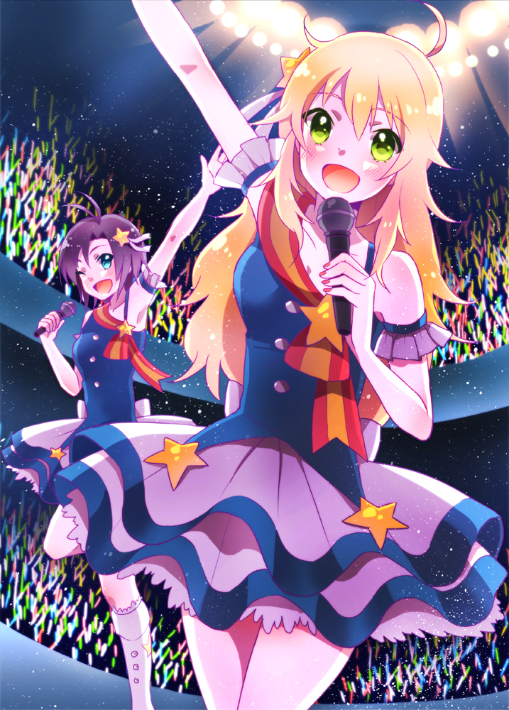 black_hair, blonde_hair, blue_eyes, green_eyes, hoshii_miki, idolmaster, kikuchi_makoto, long_hair