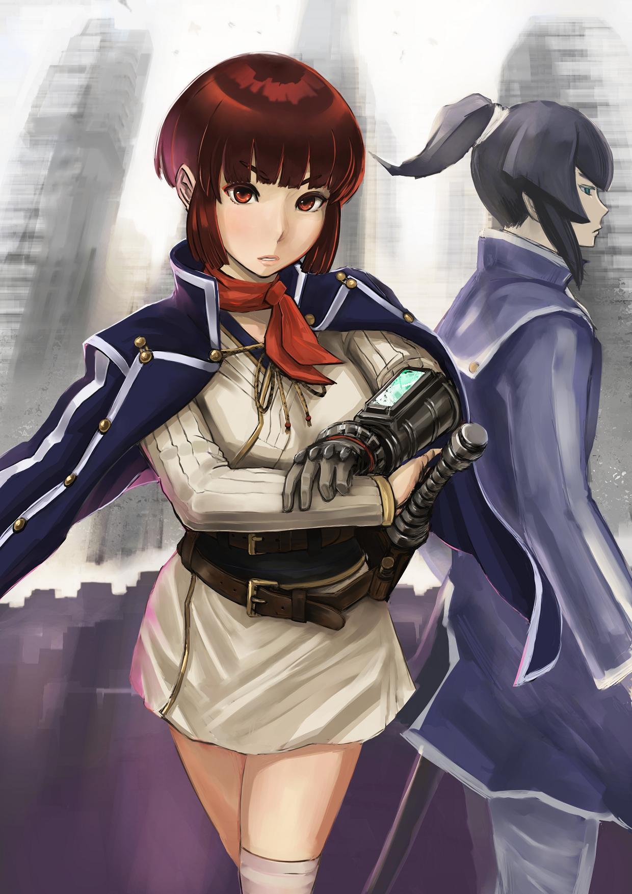 1boy, 1girl, bangs, belt, black_hair, blunt_bangs, brown_eyes, brown_hair