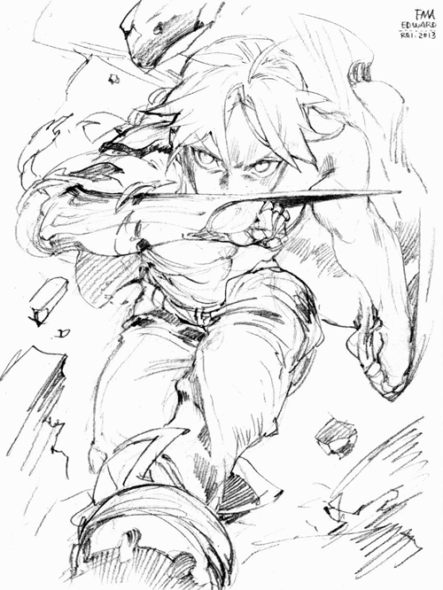 1boy, arm_blade, braid, edward_elric, fullmetal_alchemist, rei_(sanbonzakura), runnin, solo, traditional_media, weapon