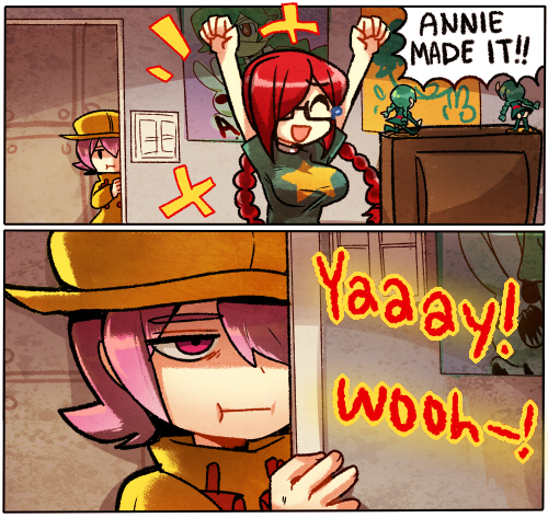 2girls, 2koma, annie_(skullgirls), annie_(skullgirls)_(cameo), arms_up, braid, breasts, closed_eyes, comic, commentary, english, figure, glasses, hat, kataro, large_breasts, long_hair, lowres, multiple_girls, parasoul_(skullgirls), pink_eyes, pink_hair, poster, redhead, short_hair, siblings, sisters, skullgirls, tears, twin_braids, umbrella_(skullgirls)
