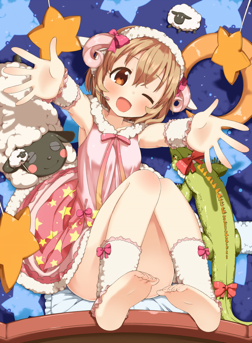 1girl, barefoot, blonde_hair, blush, bow, closed_eyes, collarbone, hairband