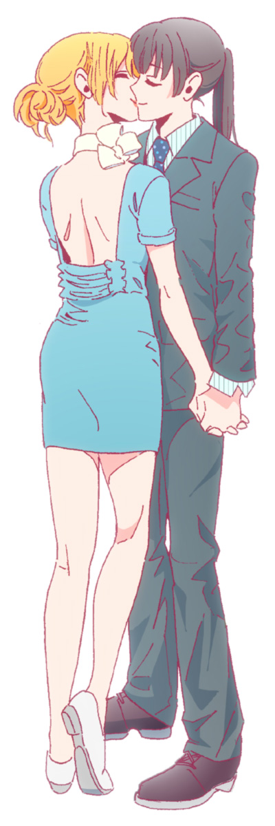 2girls, bare_back, black_hair, blonde_hair, bow, choker, closed_eyes, earrings