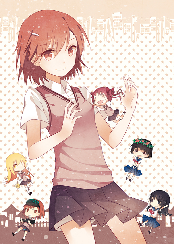 +_+, 6+girls, black_hair, blonde_hair, brown_eyes, brown_hair, chibi, cuivre