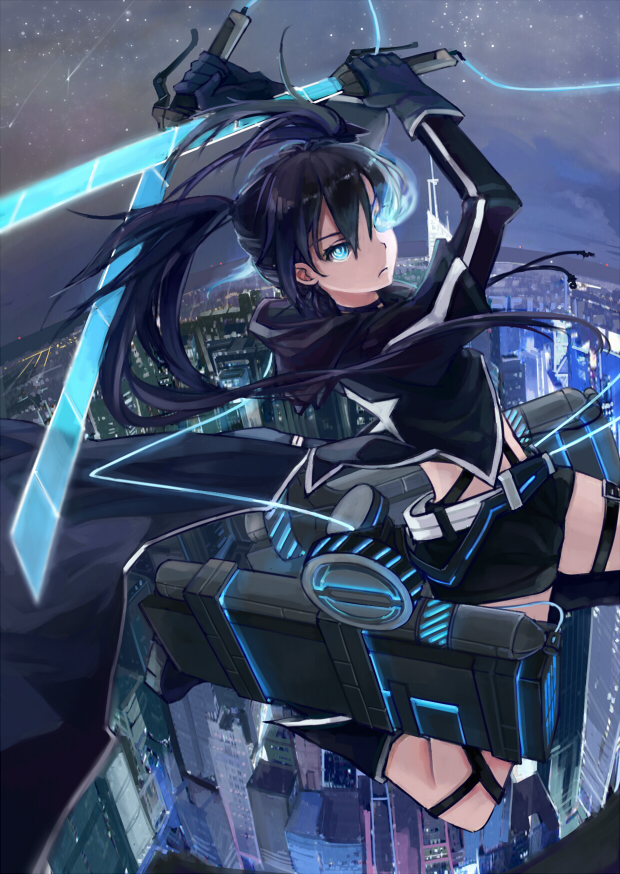 1girl, black_hair, black_rock_shooter, black_rock_shooter_(character), blue_eyes, cape, cityscape, cosplay