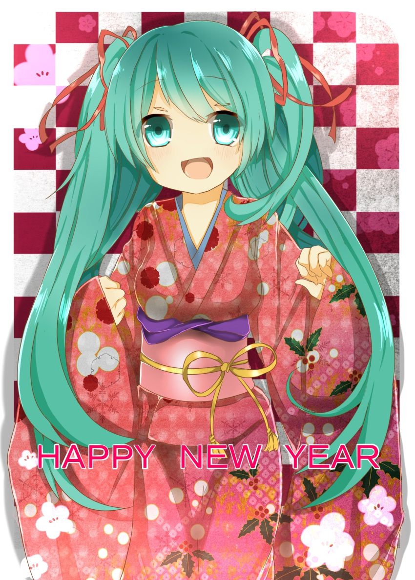 1girl, aqua_eyes, aqua_hair, bow, checkered, checkered_background, english, happy_new_year