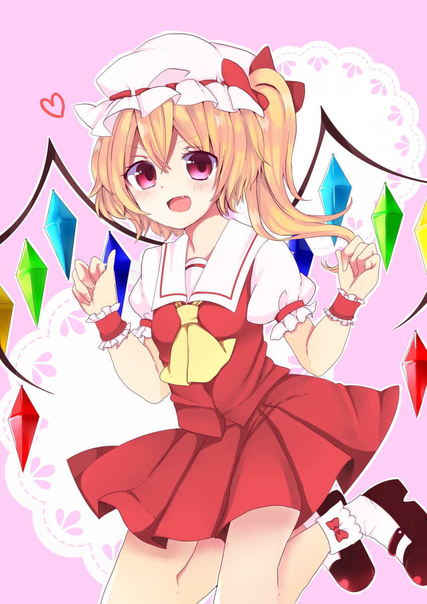 1girl, ascot, blonde_hair, bobby_socks, flandre_scarlet, hat, heart, highres