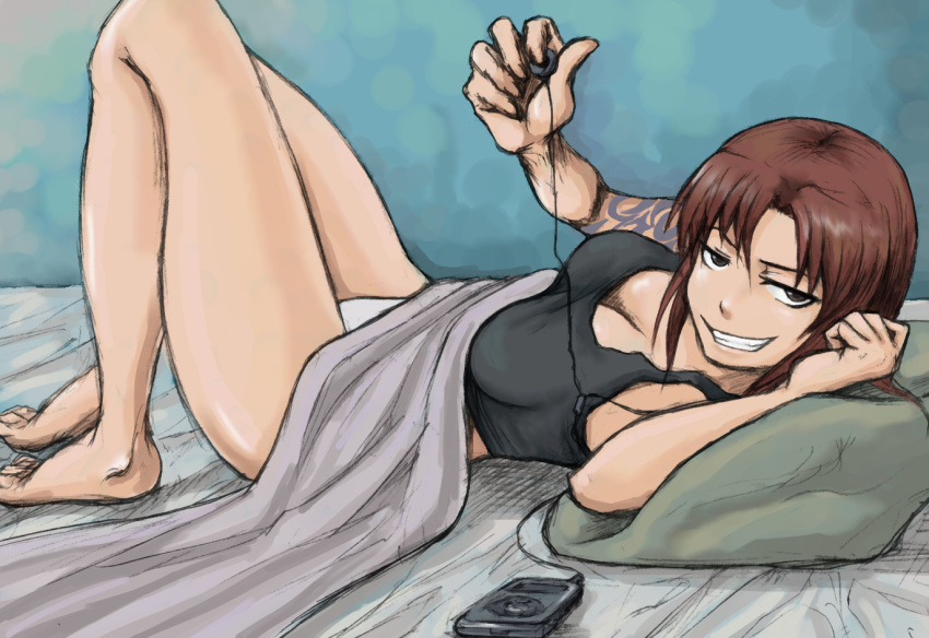 1girl, barefoot, bed_sheet, black_eyes, black_lagoon, breasts, brown_hair, cleavage