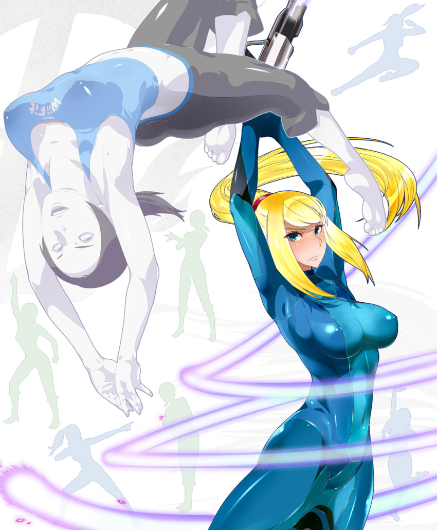 2girls, barefoot, black_hair, blonde_hair, blue_eyes, breasts, feet, female, highres, long_hair, metroid, multiple_girls, ponytail, samus_aran, super_smash_bros., trainer_(wii_fit), vorpal-duck, white_skin, wii_fit