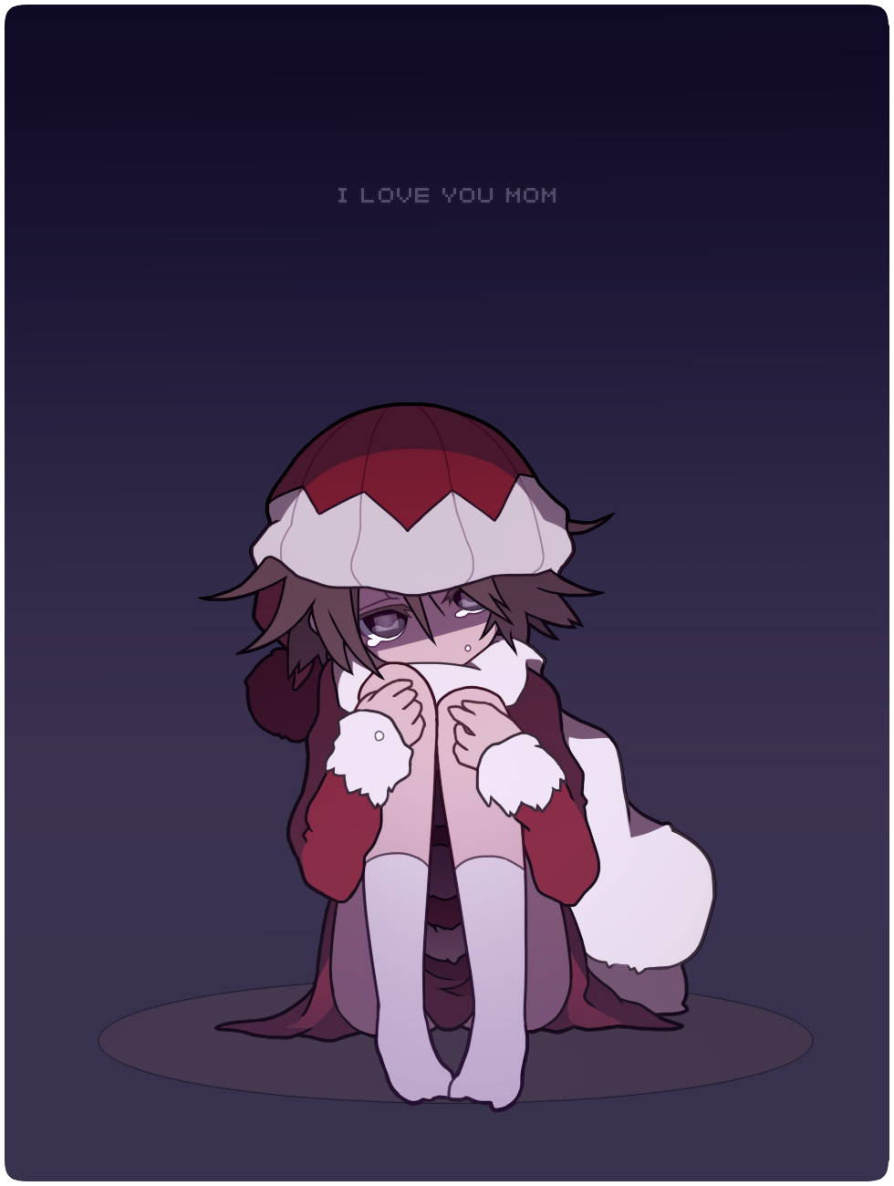 1girl, aika_(doubutsu_no_mori), brown_hair, coat, crying, doubutsu_no_mori, fetal_position, hat, highres, holding, polka_dot_skirt, red_eyes, red_hat