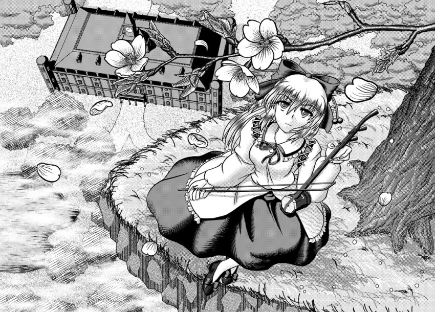 bow, bow_(instrument), cherry_blossoms, erhu, flower, hair_ornament, looking_up, monochrome