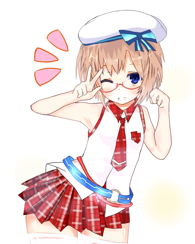 1girl, blanc, blue_eyes, brown_hair, choujigen_game_neptune, glasses, hat, school_uniform