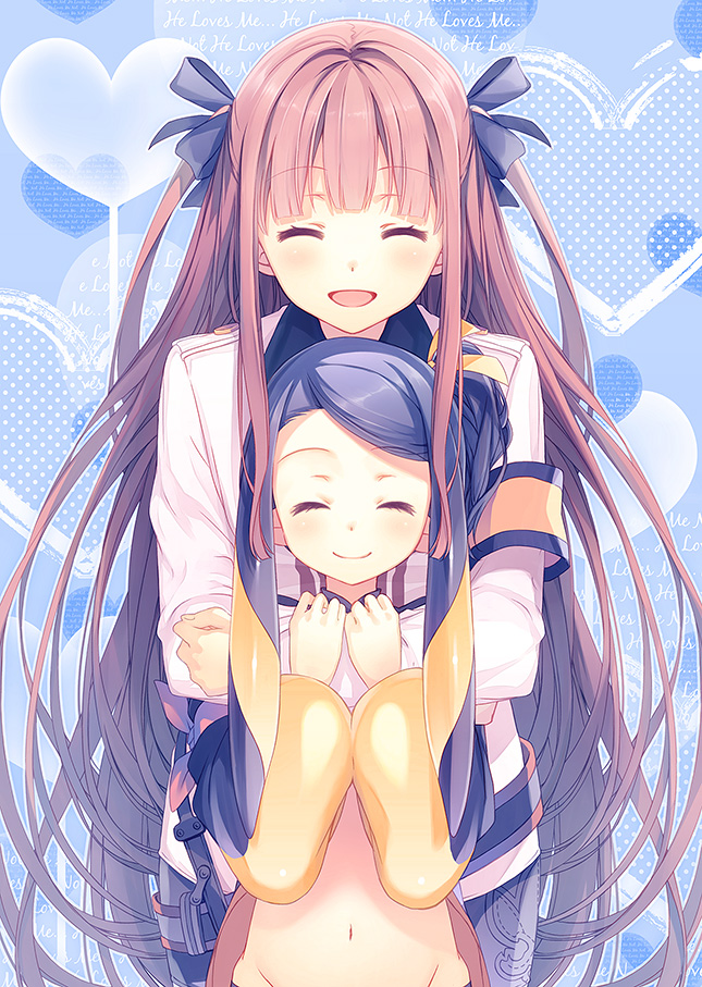 2girls, ^_^, arca_(summon_night), armband, closed_eyes, hair_ribbon, heart, hug