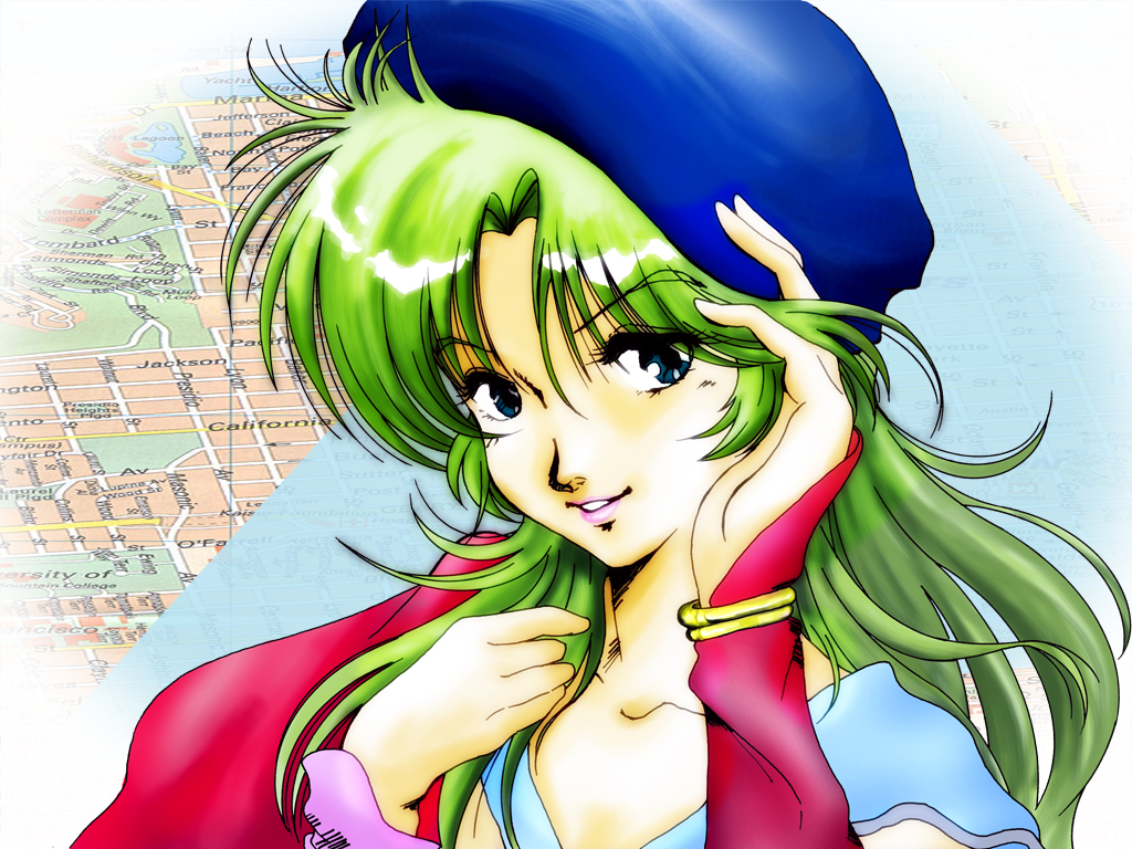 blue_eyes, green_hair, hat, lipstick, long_hair, map, megazone_23, smile