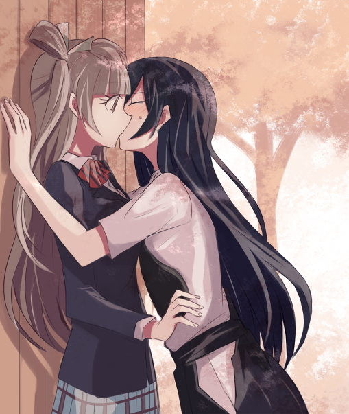 2girls, archery, black_hair, blazer, blush, brown_eyes, brown_hair, closed_eyes