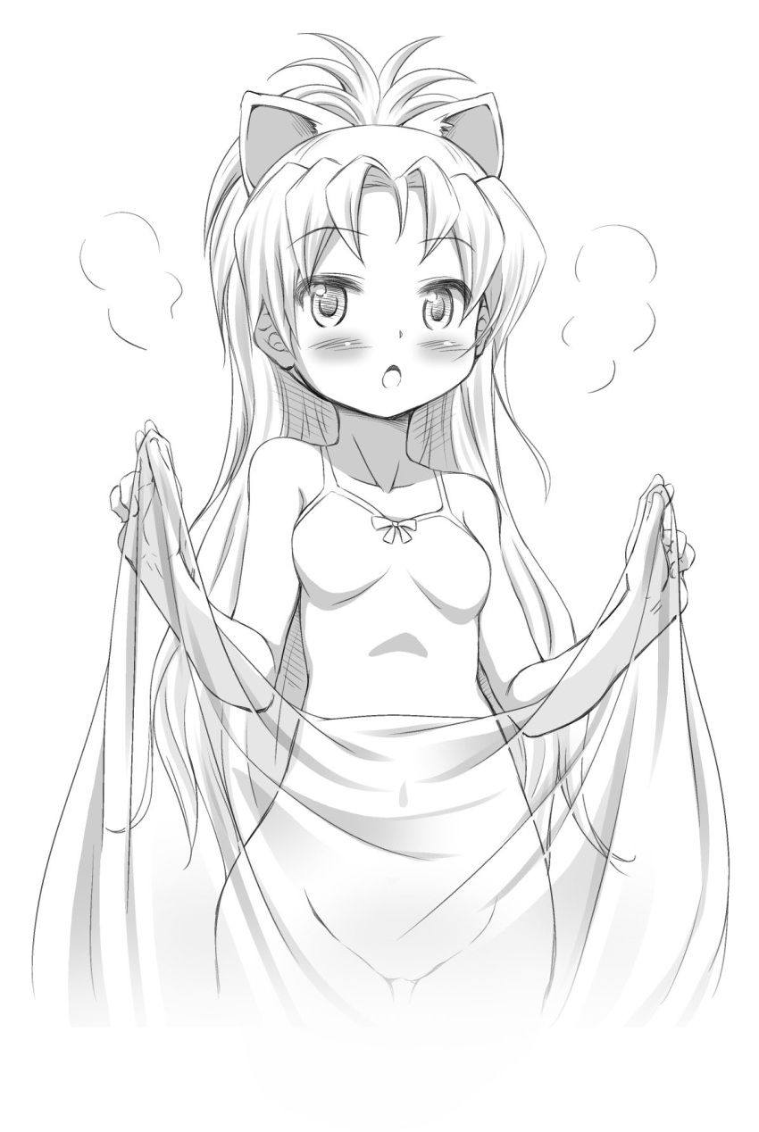 1girl, :o, animal_ears, bare_shoulders, blush, camisole, casual, greyscale