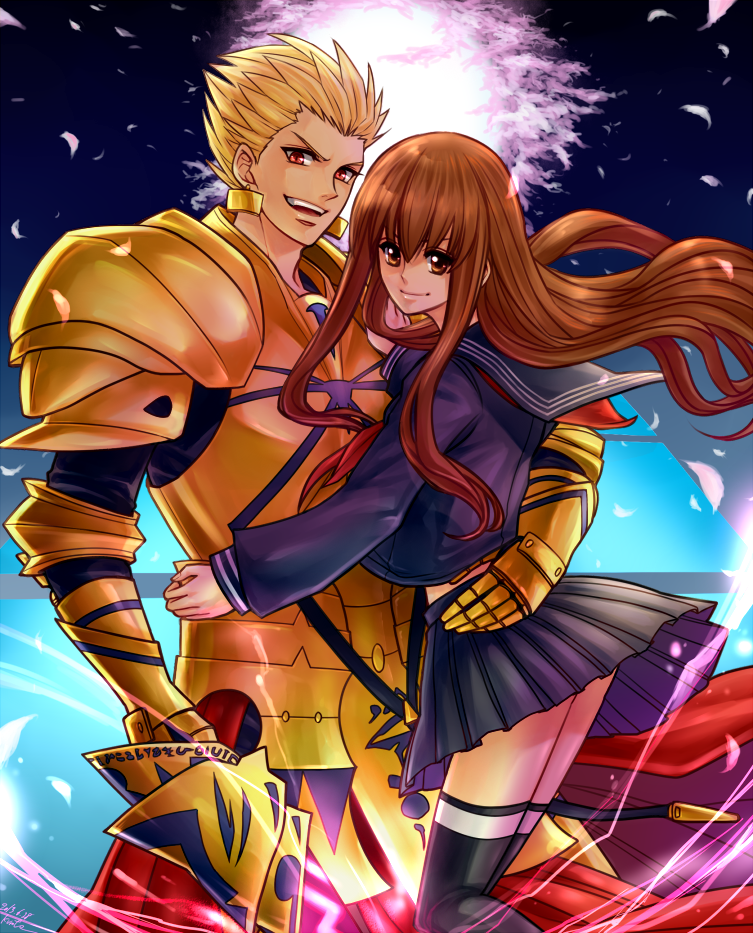 1boy, 1girl, alternate_legwear, armor, blonde_hair, brown_eyes, brown_hair, cherry_blossoms