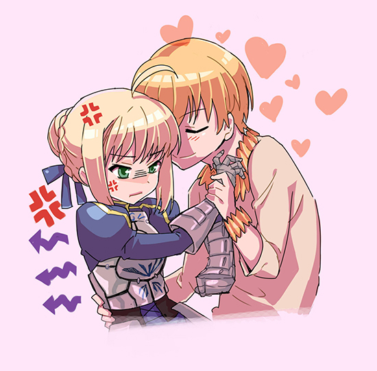 1boy, ahoge, anger_vein, armor, armored_dress, blonde_hair, chibi, fate/zero