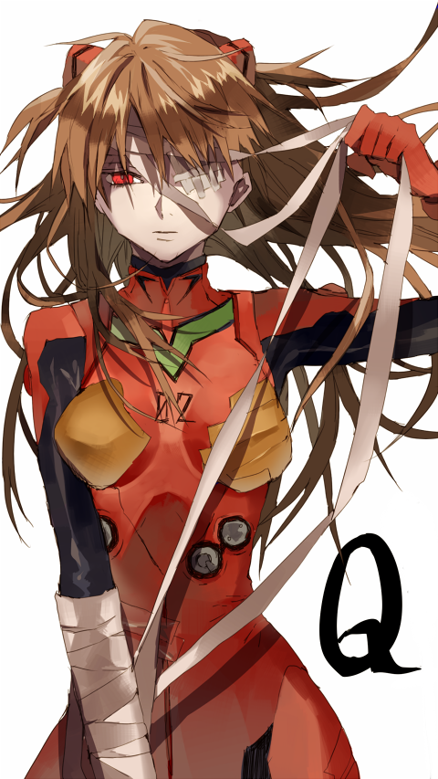 asuka_lan, bandages, bodysuit, brown_hair, eyepatch, long_hair, neon_genesis_evangelion, red_eyes, solo, tsukioka_tsukiho