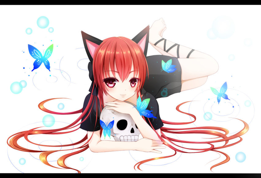 1girl, animal_ears, bow, bubble, butterfly, cat_ears, hair_bow, highres