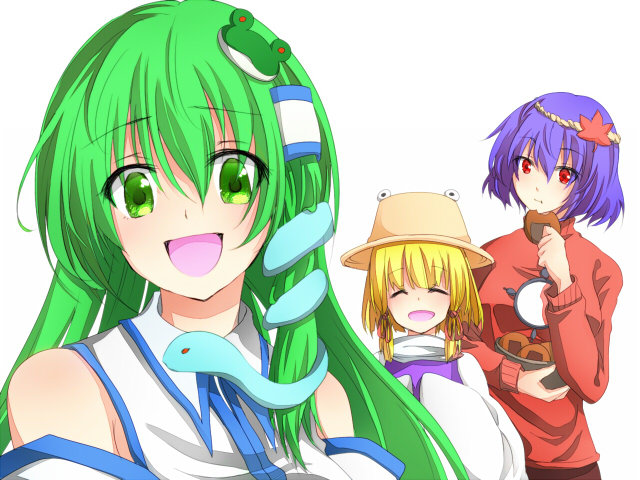 3girls, ^_^, blonde_hair, closed_eyes, detached_sleeves, eating, eyes, food