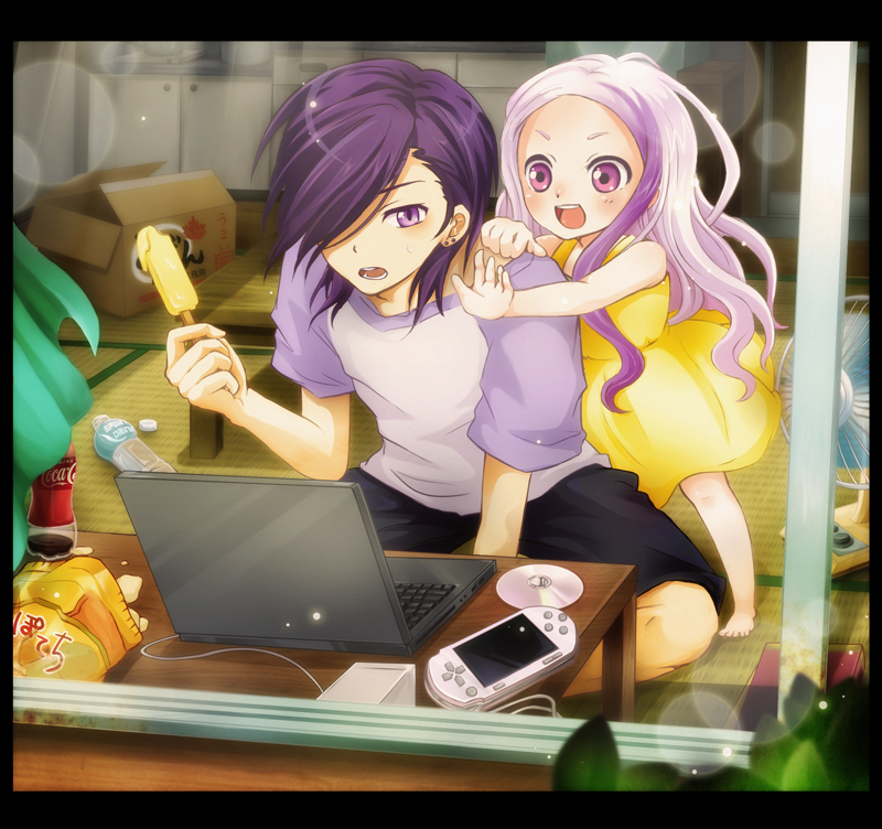 1boy, 1girl, arras_ramus, bottle, child, computer, dress, hair_over_one_eye, hataraku_maou-sama!, kapin, laptop, long_hair, playstation_vita, popsicle, purple_hair, urushihara_hanzou, violet_eyes