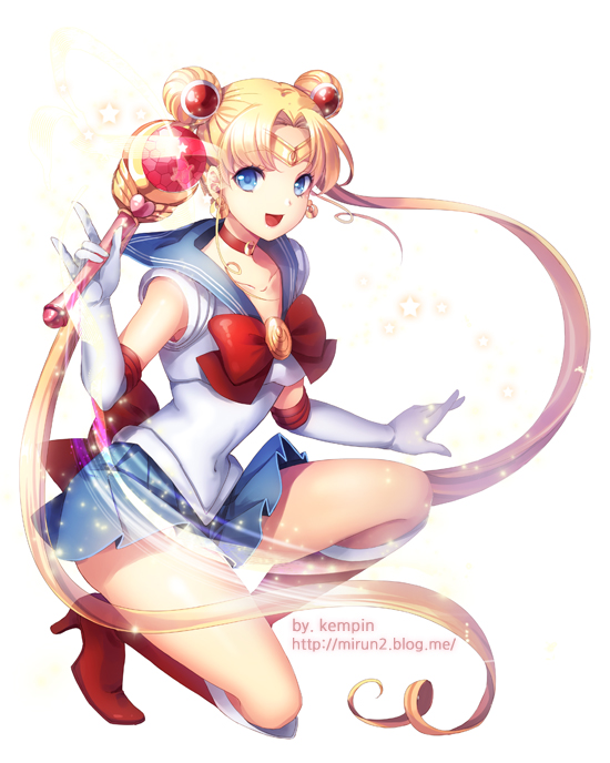 1girl, bishoujo_senshi_sailor_moon, blonde_hair, blue_eyes, boots, bow, brooch, choker