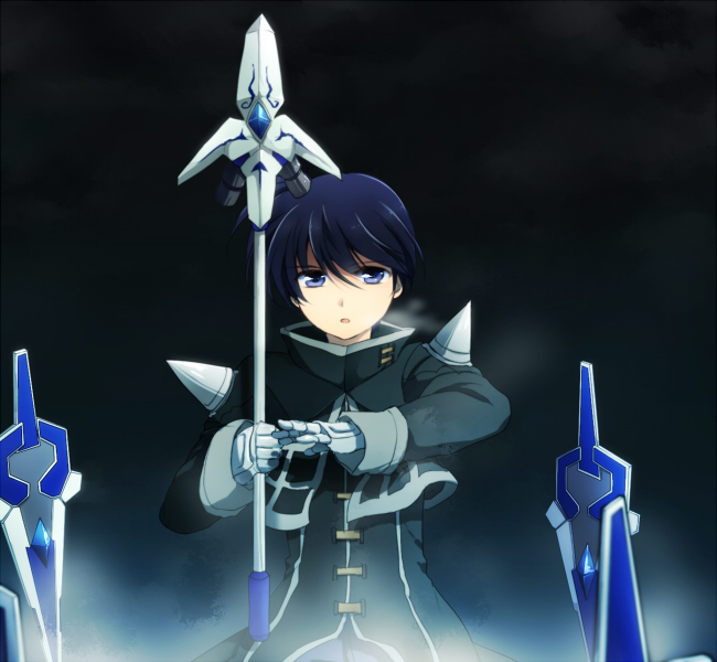 1boy, armor, blue_eyes, blue_hair, chrono_harlaown, coat, durandal_(nanoha), gauntlets
