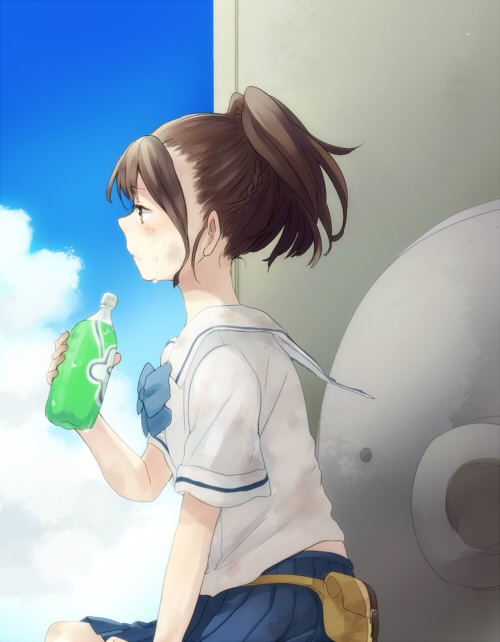 1girl, bottle, bowtie, brown_eyes, brown_hair, clouds, fanny_pack, na770