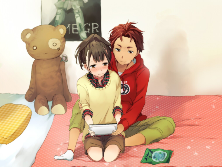 1boy, 1girl, bed, blush, brown_eyes, brown_hair, embarrassed, hoodie, hug, hug_from_behind, long_sleeves, na770, pants, ponytail, robotics;notes, seiza, senomiya_akiho, short_hair, shorts, sitting, socks, stuffed_animal, stuffed_toy, sweater, tablet_pc, teddy_bear, white_legwear, yashio_kaito