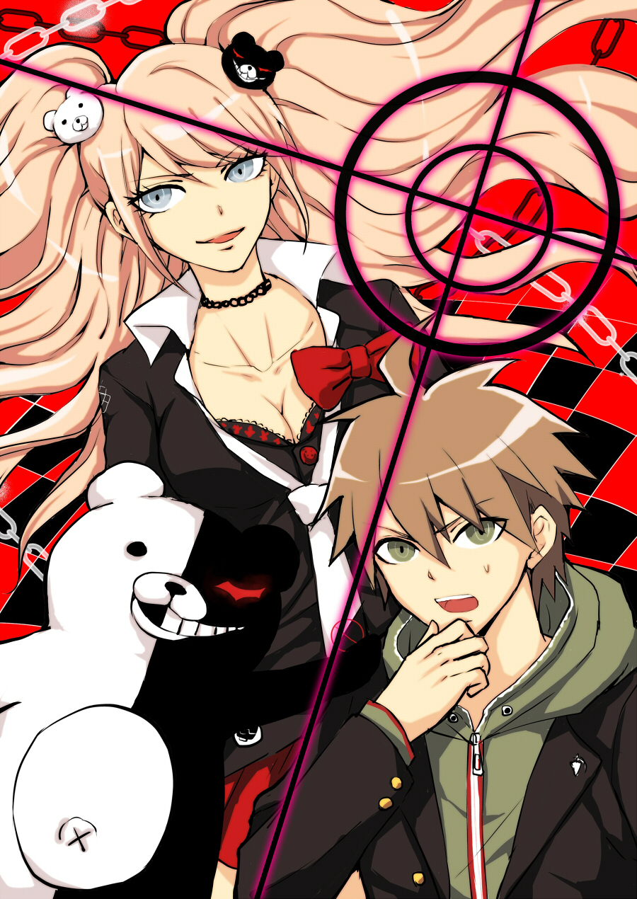 1boy, 1girl, ahoge, black_bra, blonde_hair, blue_eyes, bra, breasts, brown_hair, chain, cleavage, collarbone, crosshair, dangan_ronpa, enoshima_junko, green_eyes, hair_ornament, highres, hoodie, monokuma, naegi_makoto, rukall, spoilers, sweat, underwear