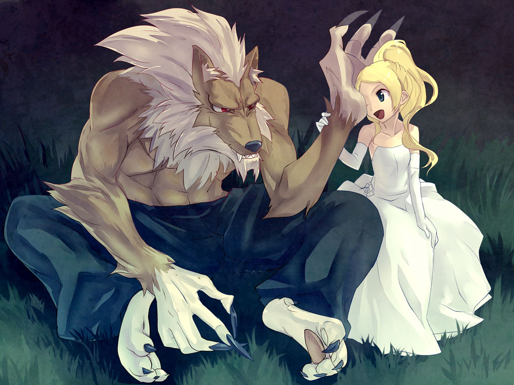 1girl, bare_shoulders, beastman, blue_eyes, claws, dress, elbow_gloves, gloves, grass, hand_on_another's_cheek, hand_on_another's_face, long_hair, maitake_(loose), original, pants, red_eyes, sitting, wedding_dress