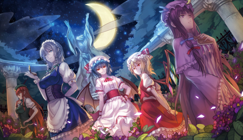5girls, adapted_costume, bat_wings, beret, blonde_hair, blue_eyes, book, braid