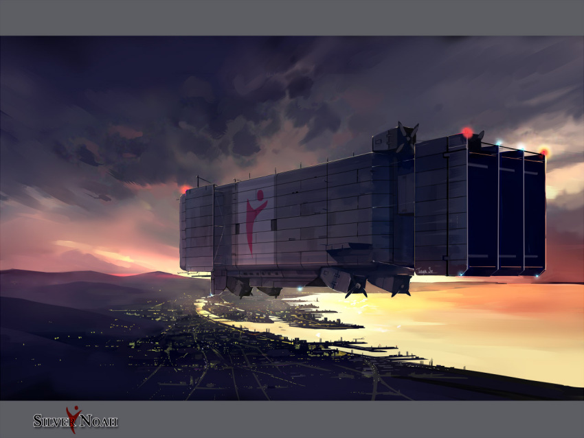 airship, arc_the_lad, cityscape, dirigible, letterboxed, no_humans, scenery, seo_tatsuya