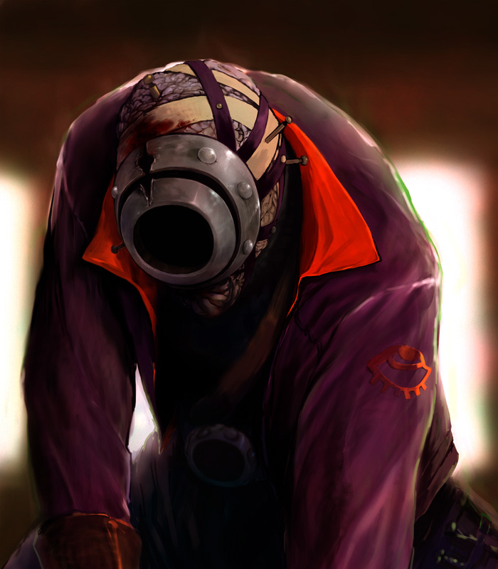 1boy, artist_request, bald, breath_of_fire, breath_of_fire_v, disfigured, disfigurement, faceless, goggles, jacket, male, solo