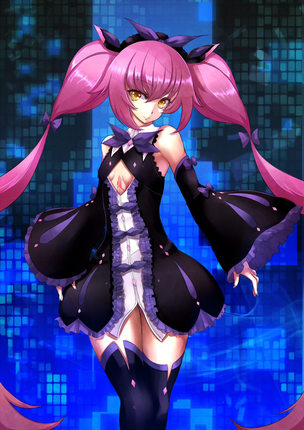asya, black_legwear, bow, cleavage_cutout, dodonpachi, dodonpachi_saidaioujou, hair_bow, highres, long_hair, purple_hair, saya_(saidaioujou), skirt, thigh-highs, twintails, yellow_eyes