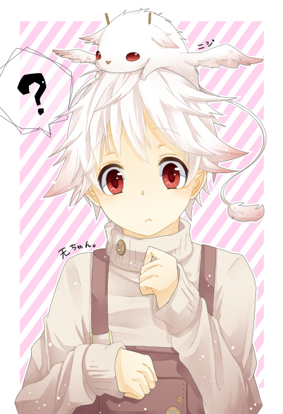 1boy, :<, ?, asuka_kiiro, karneval, male, nai_(karneval), niji_(karneval), overalls, red_eyes, sweater, white_hair