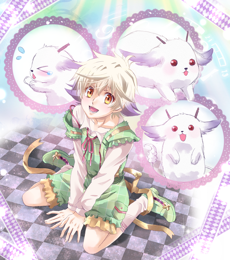 >_<, 1boy, :3, gongitsune, karneval, male, nai_(karneval), niji_(karneval), red_eyes, smile, tears, white_hair