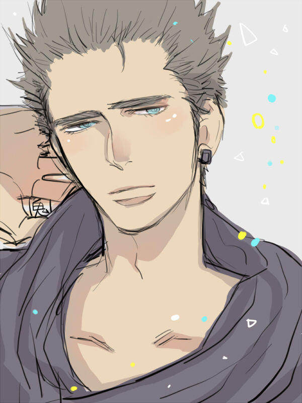 1boy, blue_eyes, earrings, eyebrows, grey_hair, jewelry, kijima, thick_eyebrows
