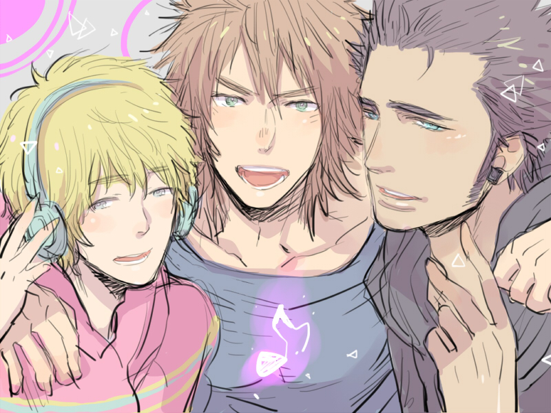 3boys, black_hair, blonde_hair, blush, brown_hair, group_hug, headphones, hug