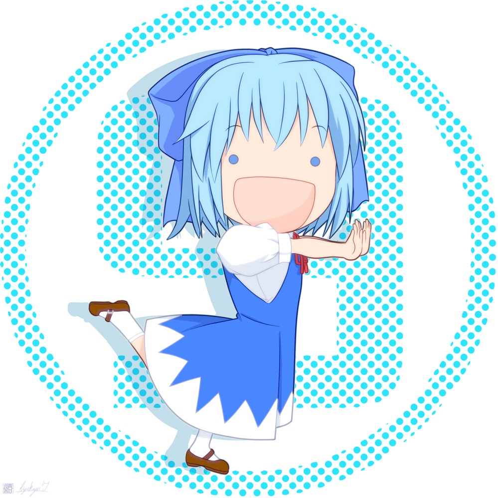 1girl, blue_eyes, blue_hair, bow, cirno, dress, fairy_(jintai), fairy_(jintai)_(cosplay)