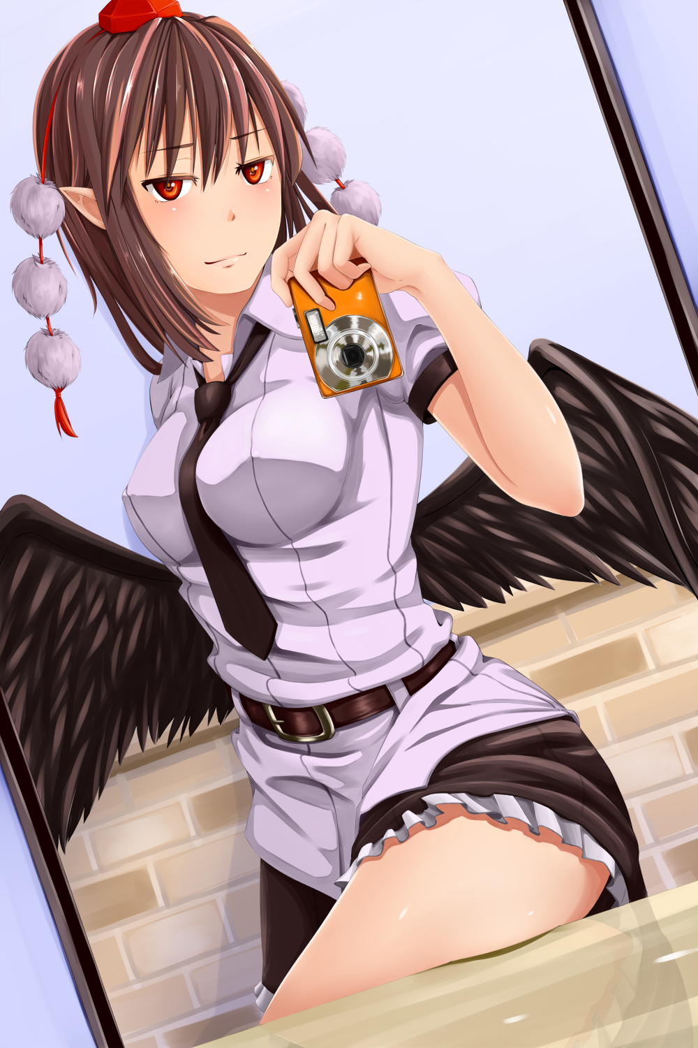 1girl, artist_request, belt, blow, blush, breasts, camera, hat