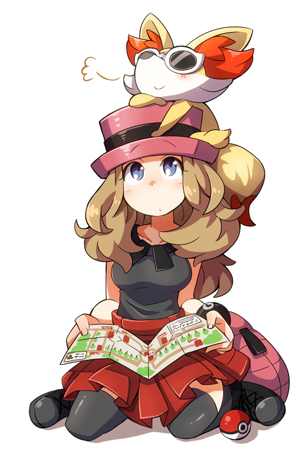 1girl, :o, animal_on_head, bag, black_legwear, blonde_hair, blue_eyes, bracelet, creature, fennec_fox, fennekin, gunjima_souichirou, hat, jewelry, map, pleated_skirt, poke_ball, pokemon, pokemon_(creature), pokemon_(game), pokemon_xy, purse, serena_(pokemon), simple_background, skirt, sunglasses, white_background