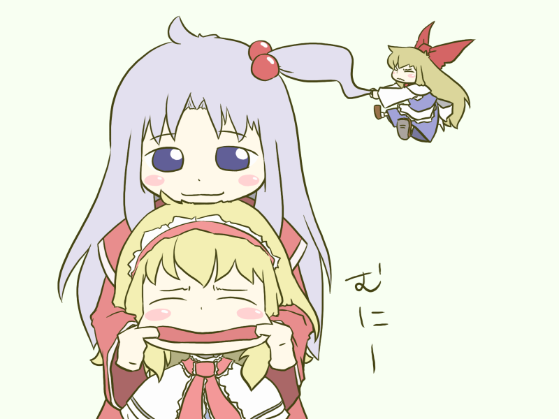 3girls, alice_margatroid, blonde_hair, blue_eyes, blush, blush_stickers, bow, doll, dress, hair_bobbles, hair_bow, hair_ornament, mother_and_daughter, multiple_girls, peconica, pulling, shanghai_doll, shinki, side_ponytail, silver_hair, smile, touhou, touhou_(pc-98)